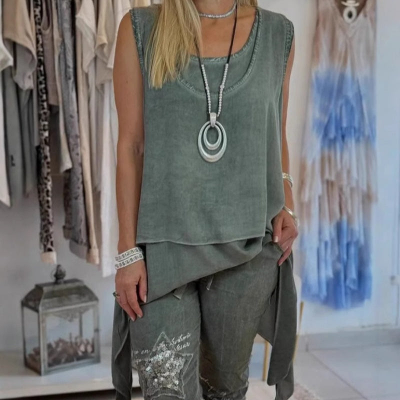 Faelina – Women's Two-Piece Set: Sleeveless Top and Printed Trousers