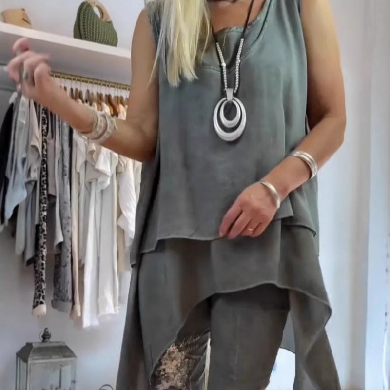 Faelina – Women's Two-Piece Set: Sleeveless Top and Printed Trousers
